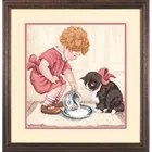 Набор для вышивки крестиком 14 карат с изображением маленькой девочки кормящей котенка