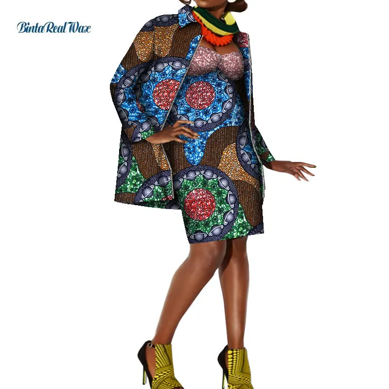 2 Pcs Coat and Dress Sets African Dresses for Women Knee Length Vestidos Bazin Riche Ankara Coat Jacket African Clothes WY8411