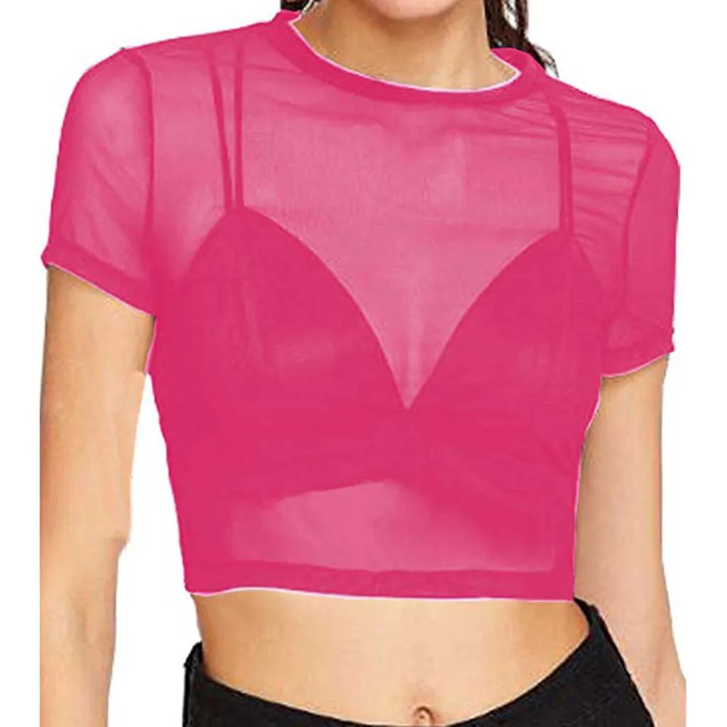 HOT Crop Top Sexy T Shirt Fashion Womens Tank Underwear Shor t Sleeve Sheer Mesh Streetwear Tees Slim Mesh See-Through Transpare