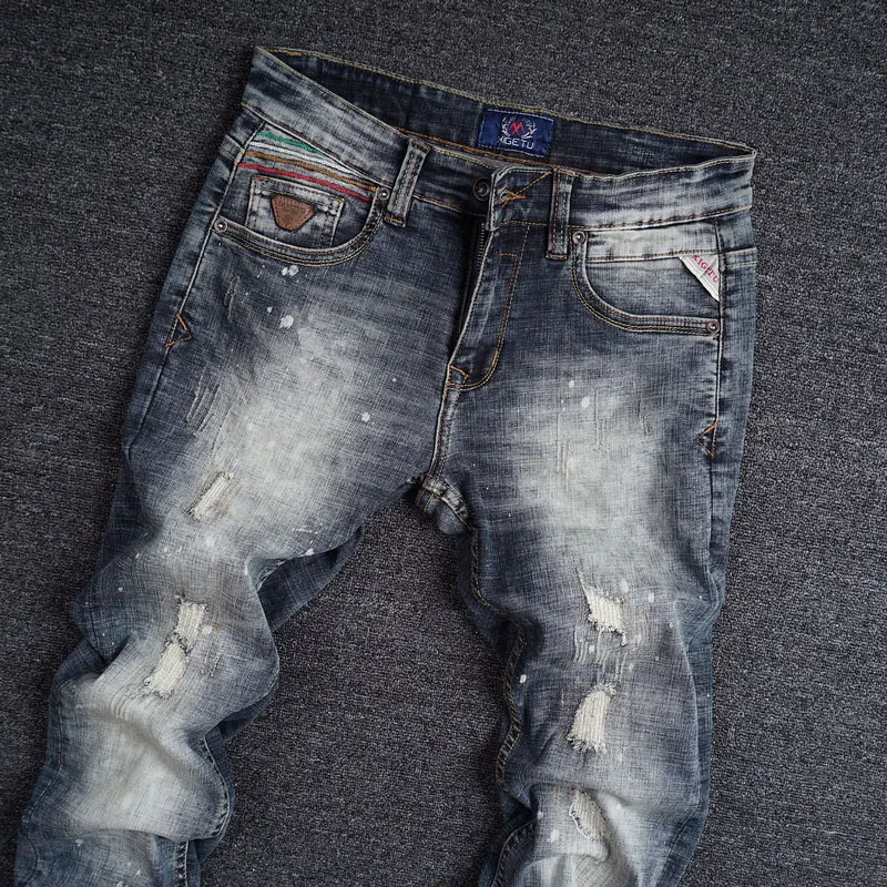European American Vintage Fashion Men Jeans Retro Gray Blue Slim Fit Ripped Jeans Men Painted Designer Elastic Denim Punk Pants