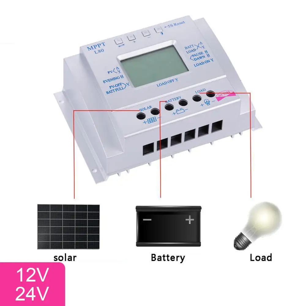 LCD 80A MPPT Солнечный контроллер 12 V/24 V регулятор заряда батареи безопасная защита