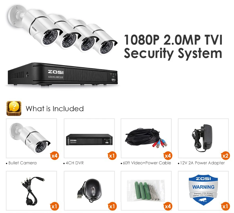 ZOSI 4CH 4-в-1 видеорегистратор AHD TVI CVI CVBS 1080P видео безопасности Камера Системы 2.0MP наблюдения Камера s, 4CH 1080P HD-TVI DVR
