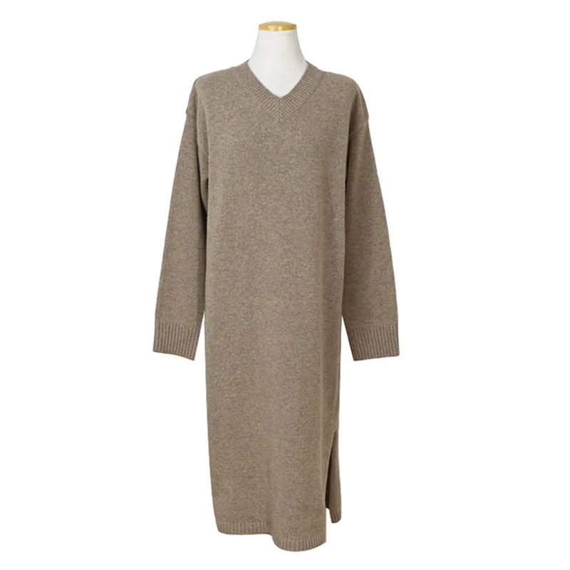 Женское трикотажное платье свитер с V образным вырезом и длинным рукавом|Женские