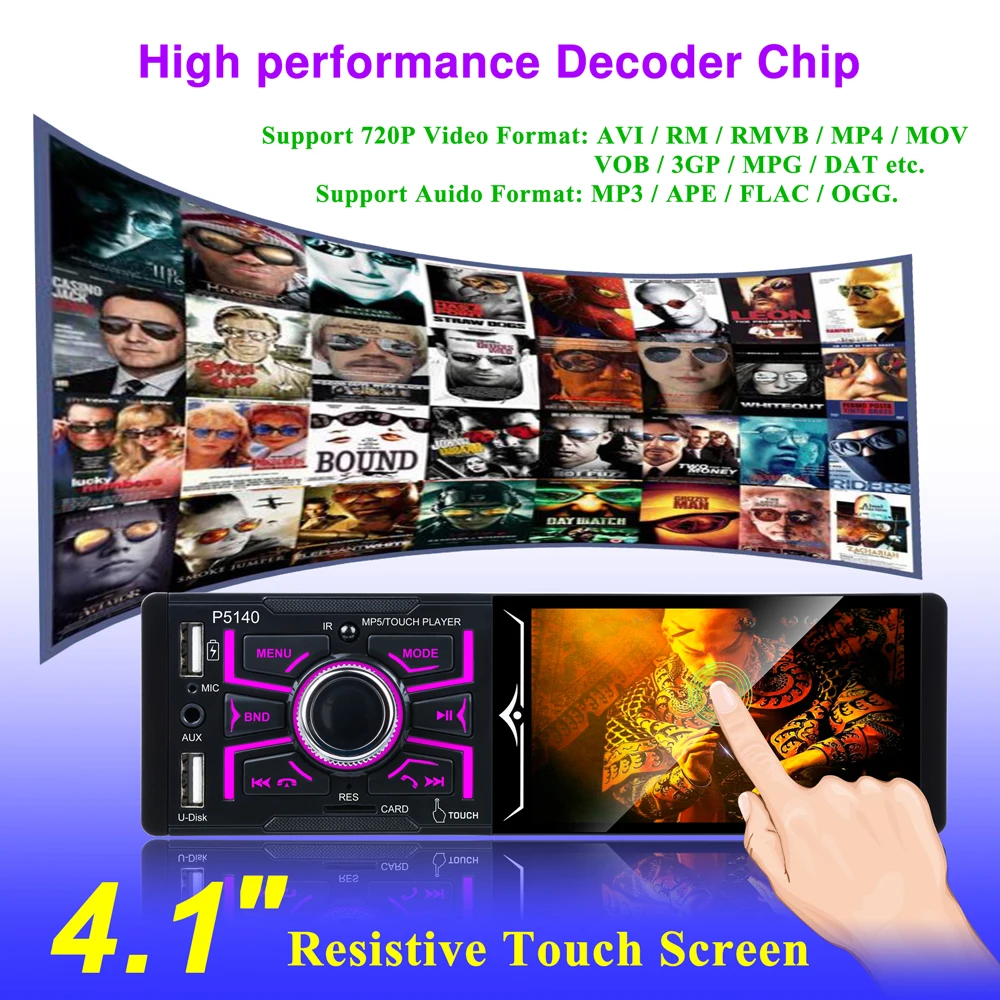P5140 12 В постоянного тока новый 4 1 &quotсенсорный экран 1080P 4*50 Вт Bluetooth RMVB/AVI медиаплеер