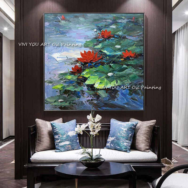 Масляная Настенная картина ручной работы красная водная Лилия лотос синий пруд