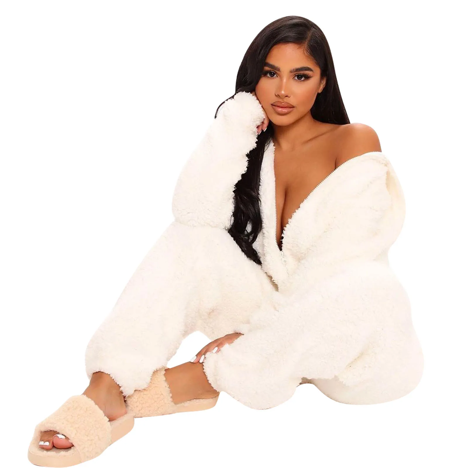 DEWADBOW Winter Warm Pyjamas Women Cute Fluffy Fleece Jumpsuits Sleepwear Overall Plus Size Hooded 1 piece Pajamas For Adults |