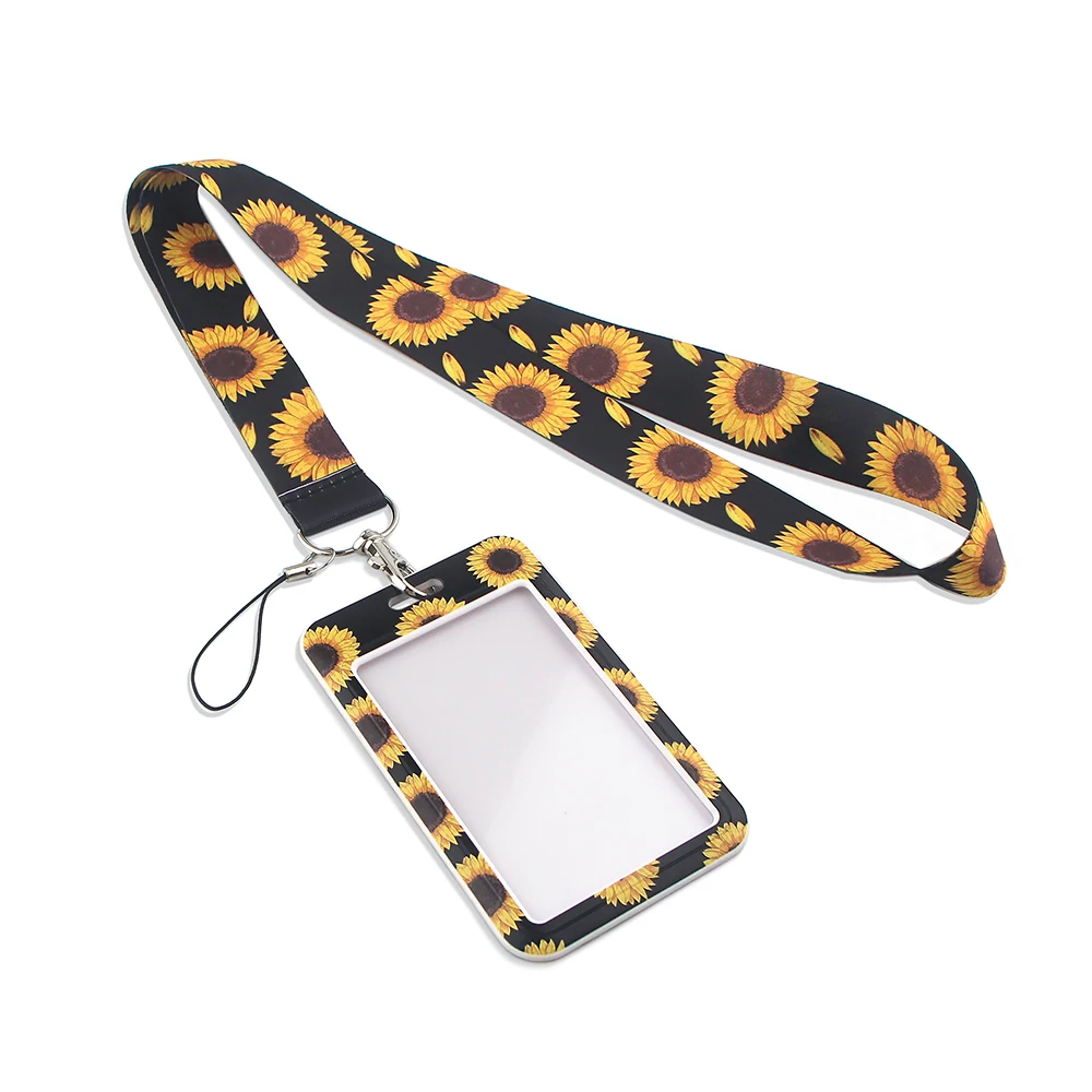 LT370 Black Sunflower Print Keychain Ribbon Lanyards for Keys ID Card Phone Straps Hanging Rope Lariat Students Badge Holder | Украшения и