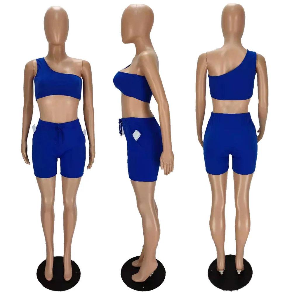 

Summer Outfits for Women Casual Jogger Tracksuit One Shoulder Crop Top and Pockets Biker Shorts Sweat Suits Matching Sets Active