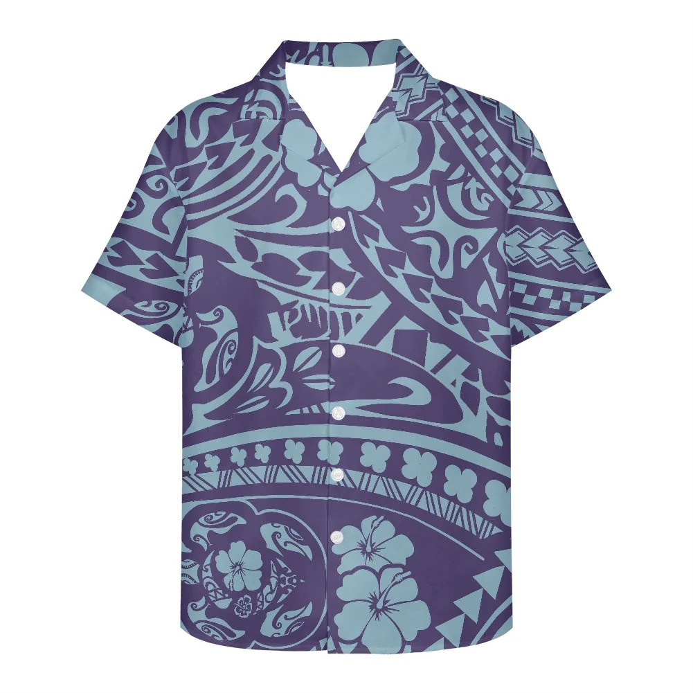 

Cumagical Customized Men Shirts With Logo Navy Blue Male Wearing Short Sleeve Button Down Samoan Tribal Print Shirt For Men