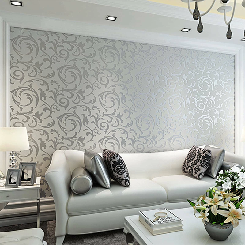 

European Style Non-Woven Wallpaper Classic Wall Paper Roll Silver Grey Wallcovering Luxury Wallpaper Floral Papel De Parede