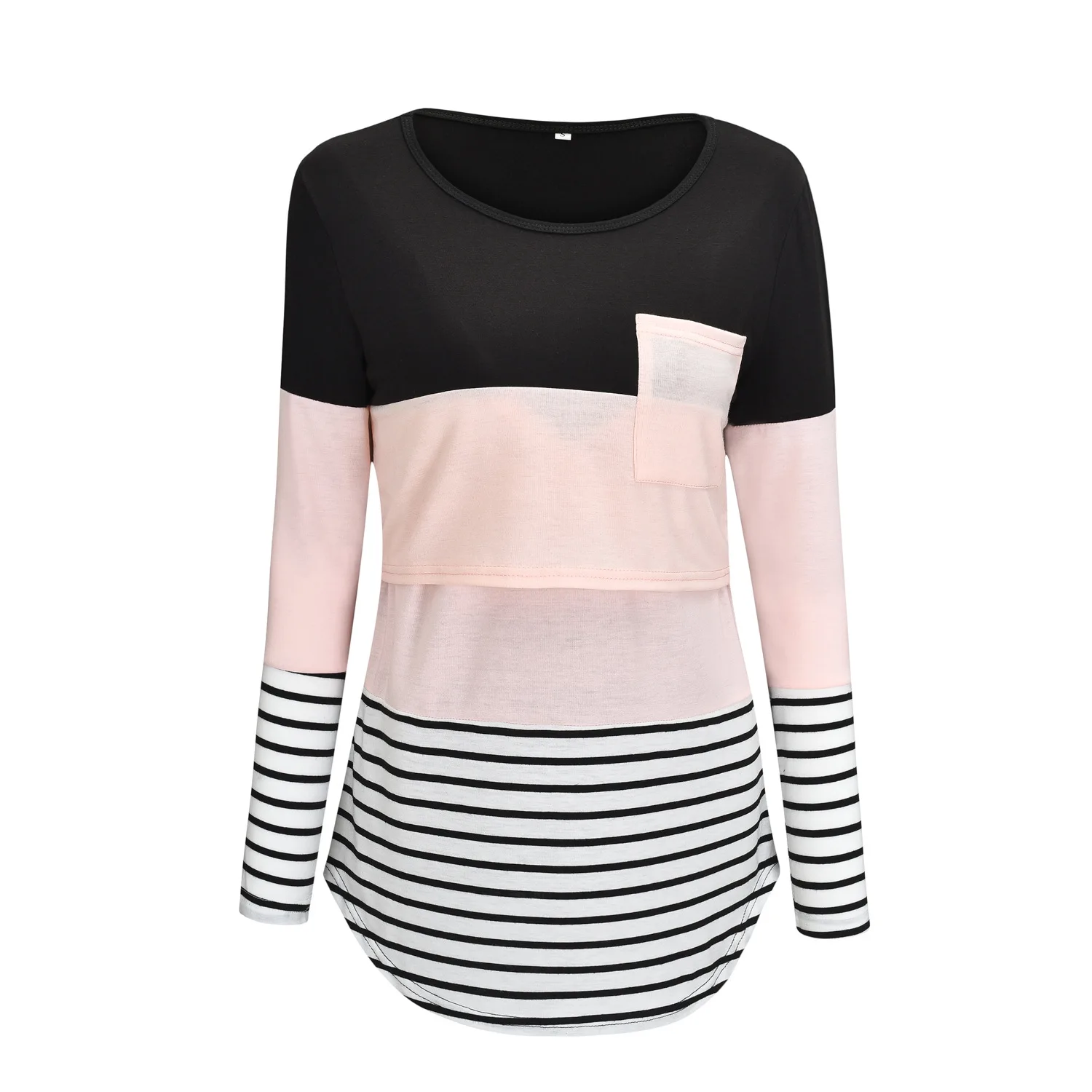 

The New Striped Stitching Long-Sleeved Nursing Top For Spring 2021 Mom Casual Plus Size T-shirt