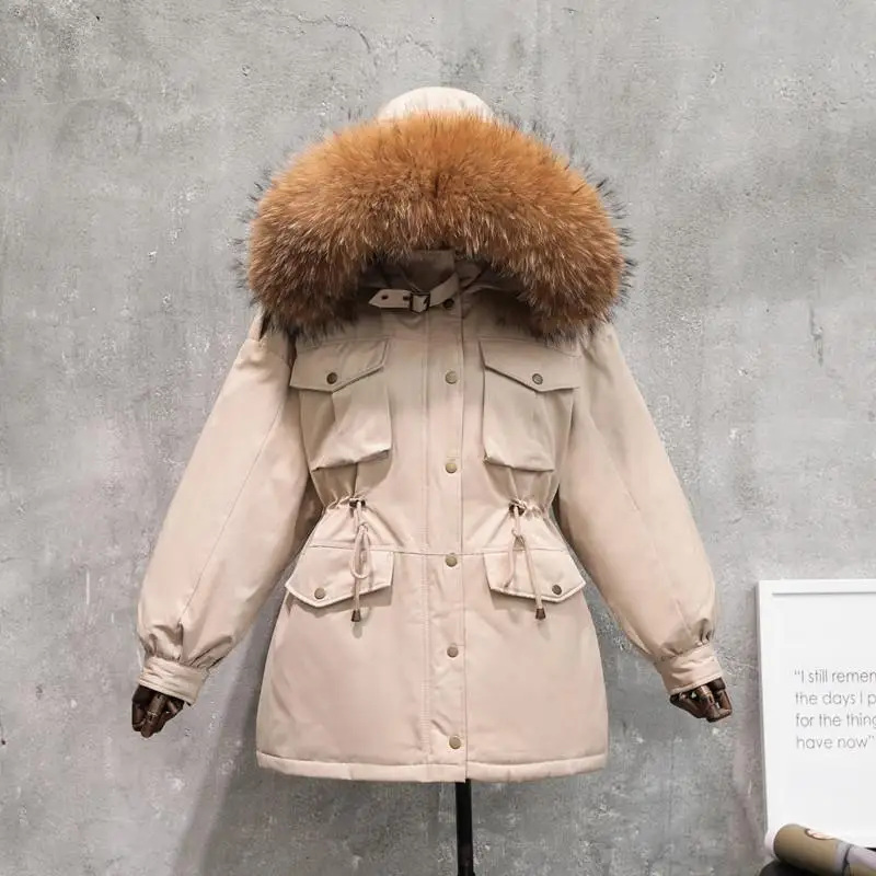 Women Winter Jacket Warm Parka 2019 Fashion Real Large Raccon Fur Collar Long White Duck Down Coat Adjustwaist | Женская одежда