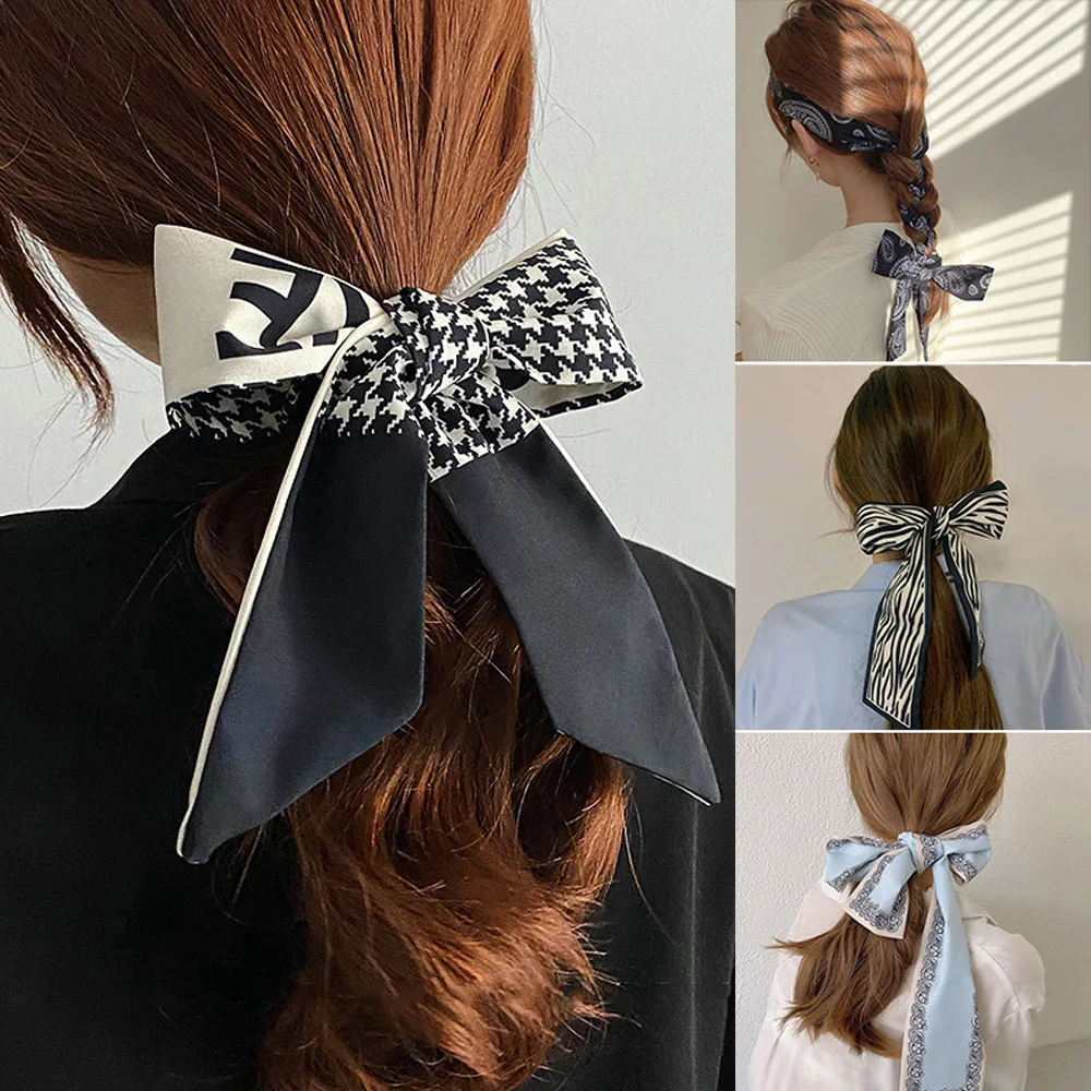 

Fashion Women Headband temperament scarf Bow Satin Long Ribbon Girls Print Head Scarf Headwear sweet Hair Accessories
