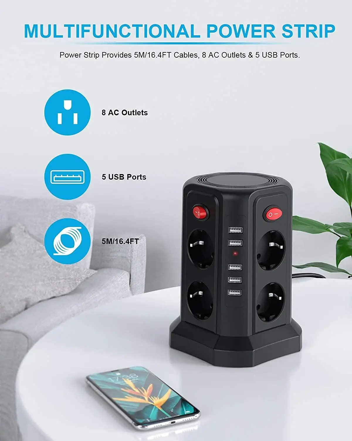 Штепсельная Вилка европейского стандарта 5 гнездо USB башня мощная много шнур с