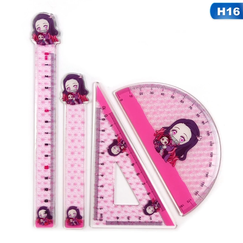 

4pcs/set Anime Demon Slayer: Kimetsu Ruler Set Tanjirou Nezuko Straight Triangular Ruler Protractor Bookmark Stationery Set