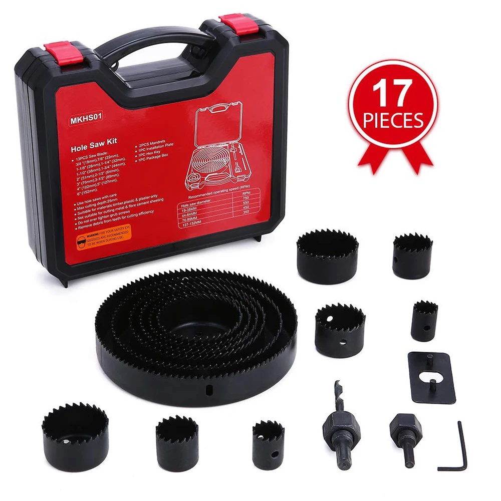 

Meterk 17 шт./компл. сверло для сверления отверстий по дереву из углеродистой стали 19-152 мм Набор отверстий для гипсокартона потолка древесины на...