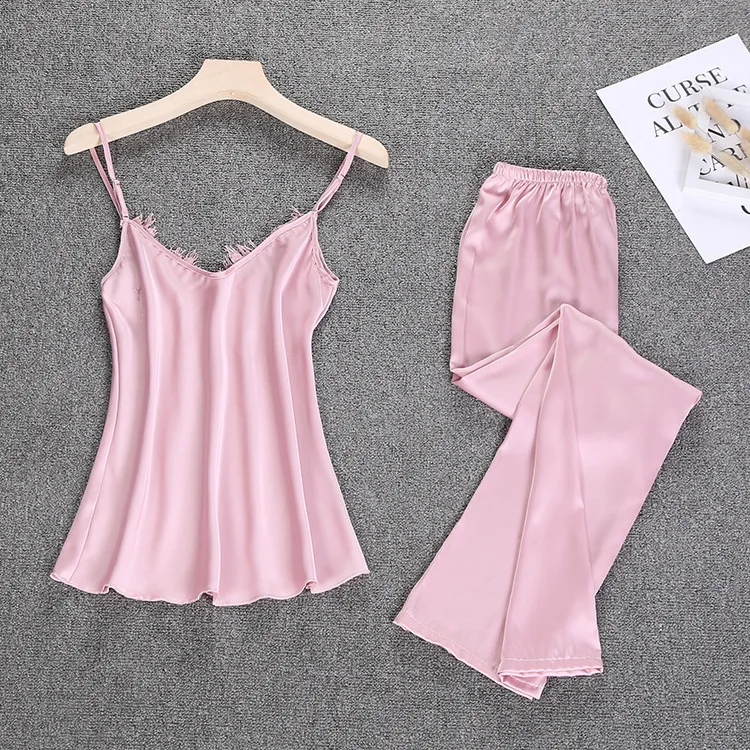 Сексуальный летний женский халат из 2 предметов топ на бретелях длинные штаны