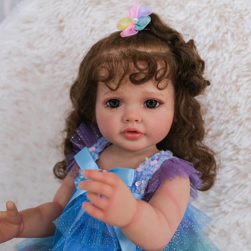 

Realistic Doll with Blue Dress Nap Reborn Newborn Baby Toy with Smiling Face Infant Accompany Toys Real Touch Doll