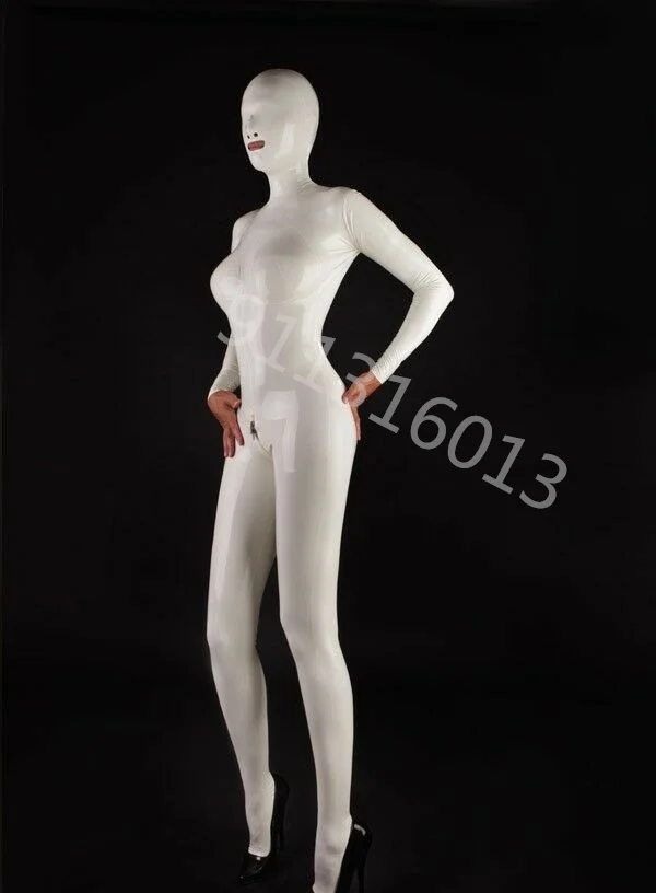 

Sexy White Women Latex Costumes Catsuit Rubber Bodysuits With Back Zip Latex Sexy Hood Socks