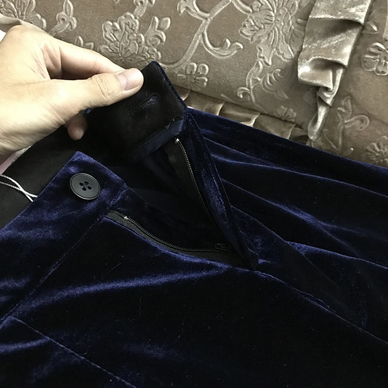 Женские бархатные брюки на молнии однотонные золотого цвета с высокой талией и