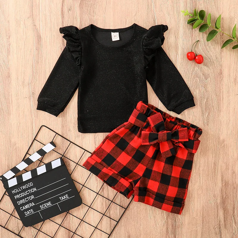 

Spring and Autumn New Baby Girls Solid Color Long Sleeve Clothes Plaid Shorts Suit Children's Black Cotton Breathable Clothes