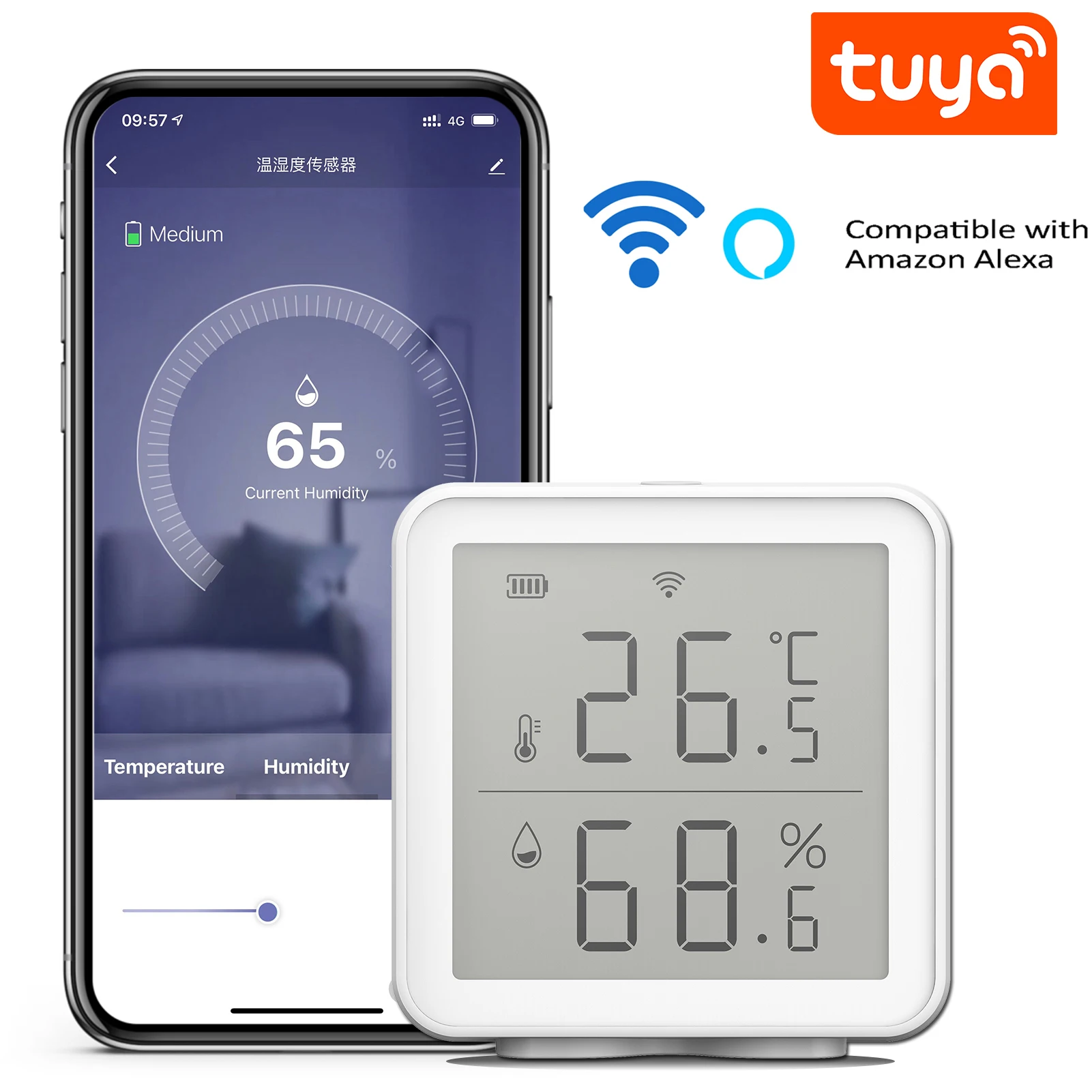 

Смарт-датчик влажности и температуры, Wi-Fi, совместимый с Alexa Google Assistant, 230 футов, сверхдлинный радиус действия, беспроводной цифровой гигромет...