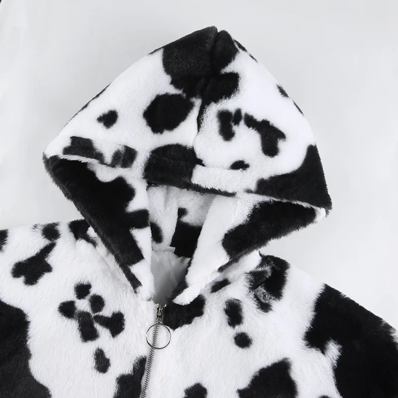 

Autumn And Winter New Black And White Cow Pattern Hooded Rabbit Fur Hoody Fashion Zipper Casual Women's Hoody 2020