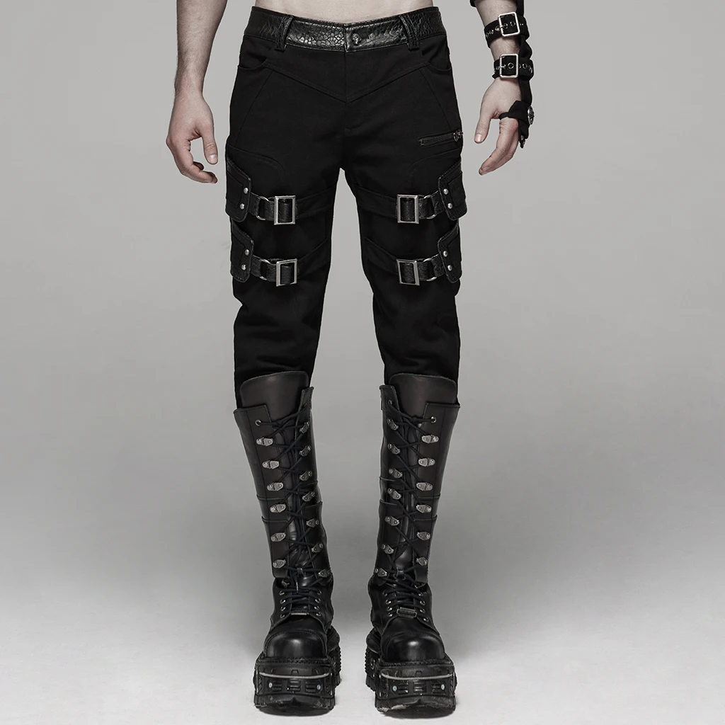 Kopen Punk Rave Mannen Knappe Stretch Broek Twill Stof En Grove Korrel Materiaal Pu Lederen Broek Persoonlijkheid Steampunk Lange Broek