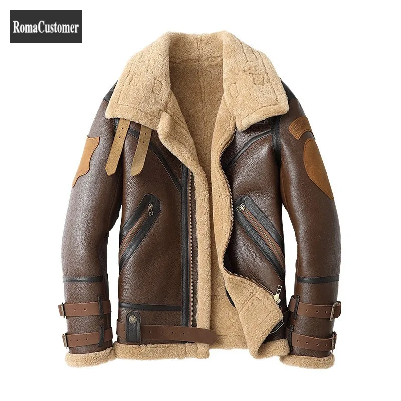 

Genuine Leather Bomber Jacket Mens Winter New Sheepskin Wool Short Biker Outerwear Turn-Down Collar Zippers Slim Real Fur Coat