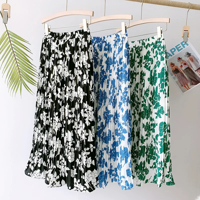 

Chiffon print college style summer 2021 floral floral floral waist waist skirts womens Mid-Calf Dropped Straight