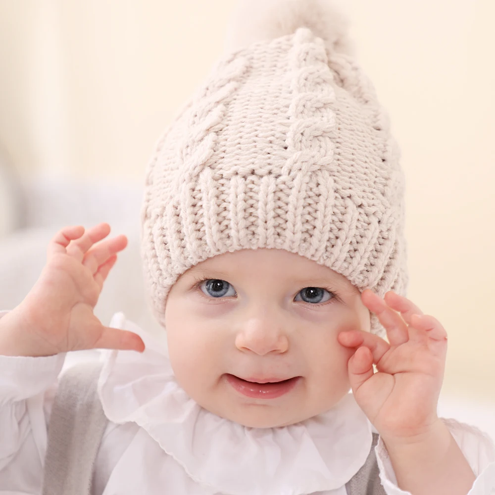 

Knitted Baby Winter Pom Pom Hat Warm Fur Ball Beanie Baby Girl Turban Newborn Toddlers Crochet Twist Infant Girls Skullies Cap