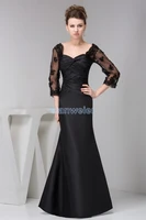 appliques beading 2016 new design gown mermaid hot sale three quarter sleeve pleat beach black long mother of the bride dresses