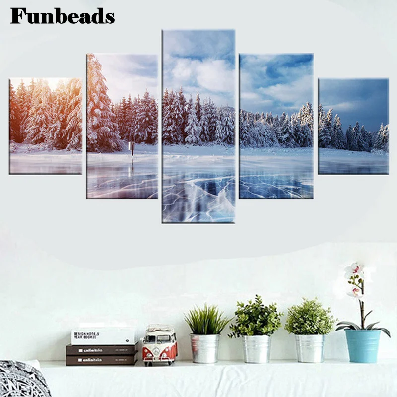 

diy 3D Diamond Embroidery 5 pcs Winter Snow Lake Mountain Diamond Painting landscape Cross Stitch Diamond Rhinestones FF449