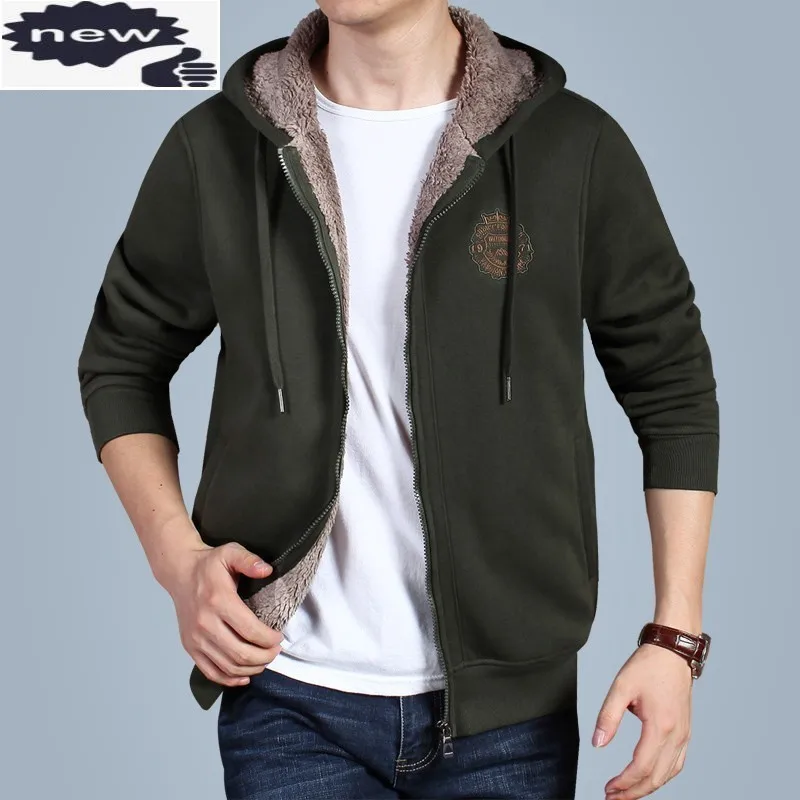 Casual Thick Fleece Lining Mens Winter Warm Sweatshirt Fashion Long Sleeve Open Stitch Streetwear Male Hooded Jackets Plus Size