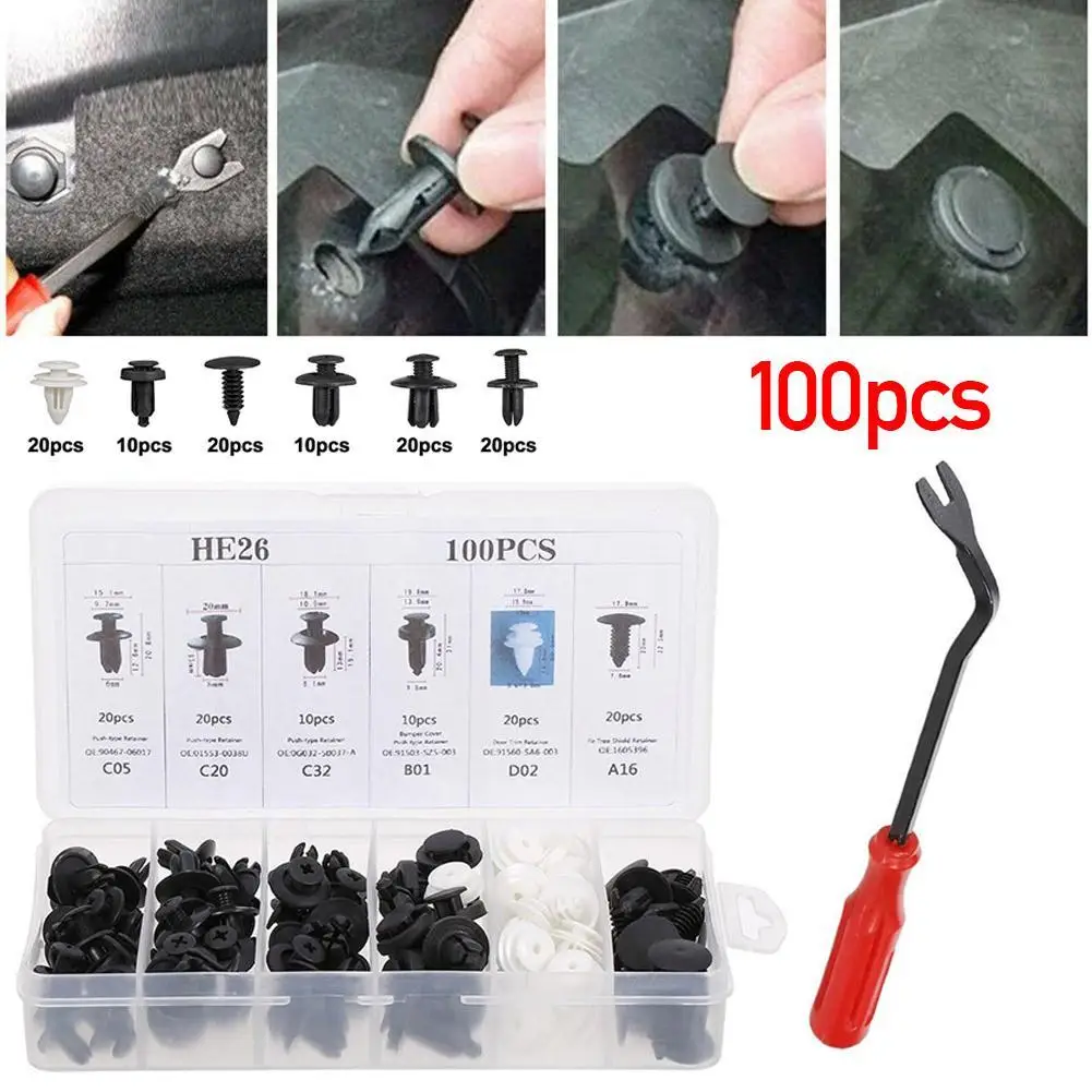 

6Size 100pcs Car Body Plastic Rivets Fastener Fender Bumper Push Clips w/ Removal Tool for Honda