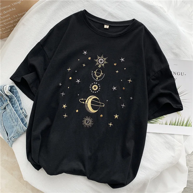 

women's t-shirts Fashion star embroidery korean casual T Shirt Women loose Short Sleeve T-Shirt O-neck white Black Top Female