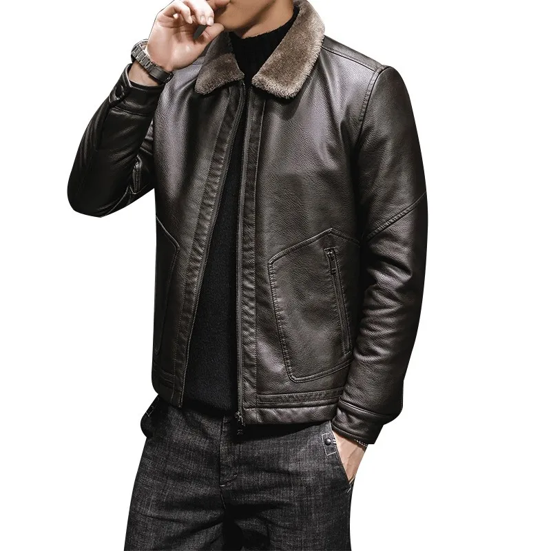 

edition Han men's leather coat winter 2020 PU suit collars with thick warm fur leather jacket male