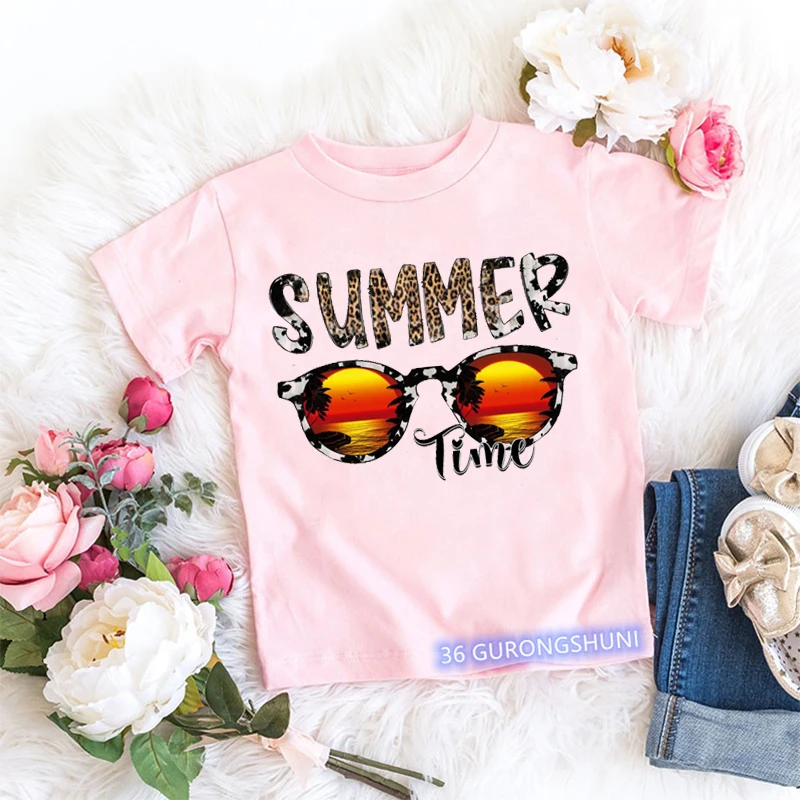 

Kawaii Children'S Pink Tshirt Cool Summer Sunglasses Leopard Print Graphic Print Girls T-Shirts Vogue Harajuku Teen T Shirt Tops