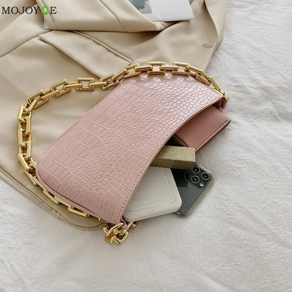 

Vintage Zipper Alligator Pattern Underarm Shoulder Bags Women Casual PU Leather Pure Color Thick Chain Handbag Purse