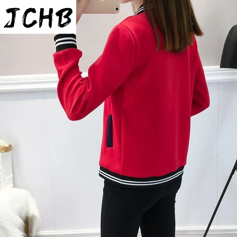 

Bomber Women's Jacket Coat Autumn Casual Stand Neck Long Sleeve Patchwork Red Coats Plus Size Baseball Wear Loose Short Outwear