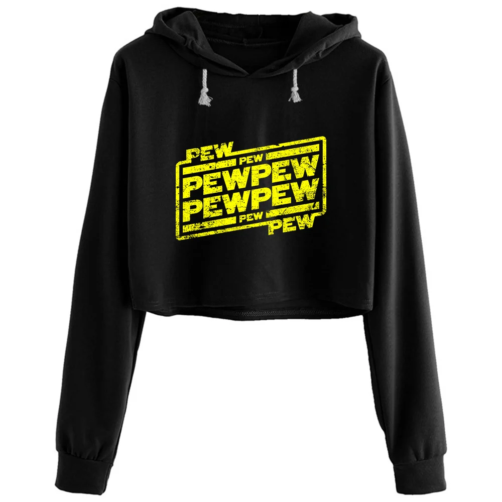 

Pew Pew Pew Crop Hoodies Women Aesthetic Kpop Korean Y2k Pullover For Girls