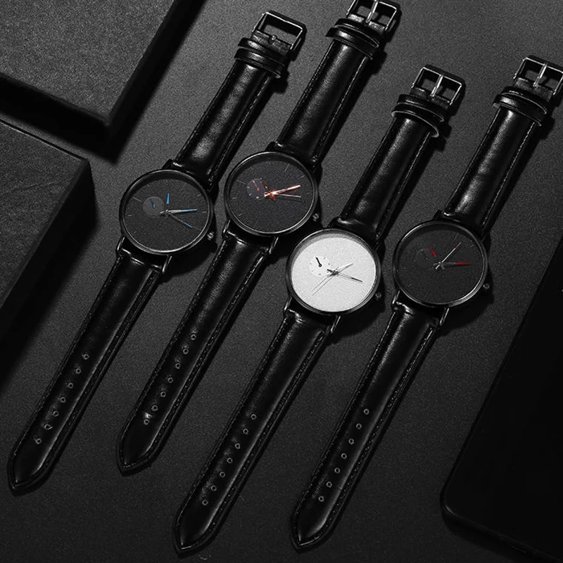 Модные черные мужские часы с кожаным ремешком кварцевые деловые наручные модные