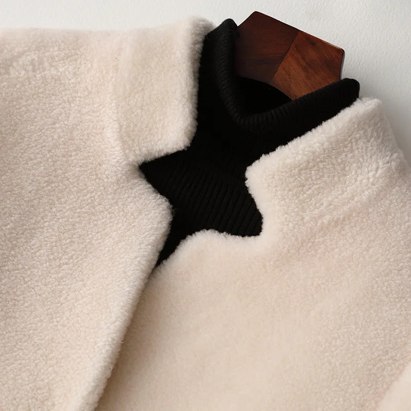 Fashion Stand Collar Wool Fur Coat Printed Pockets Long Winter Coat High Quality Sheepskin Luxury Overcoat Thick Warm Outwear