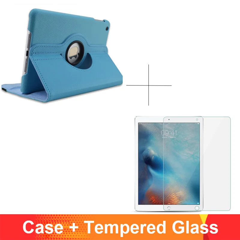 Sky blue add glass 360 градусов вращающийся из искусственной кожи с откидной крышкой чехол для iPad 2/3/4 Чехол подставка чехол s Смарт планшет A1395 A1396 A1416 A1430 A1458 A1460 - Цвет: Sky blue add glass