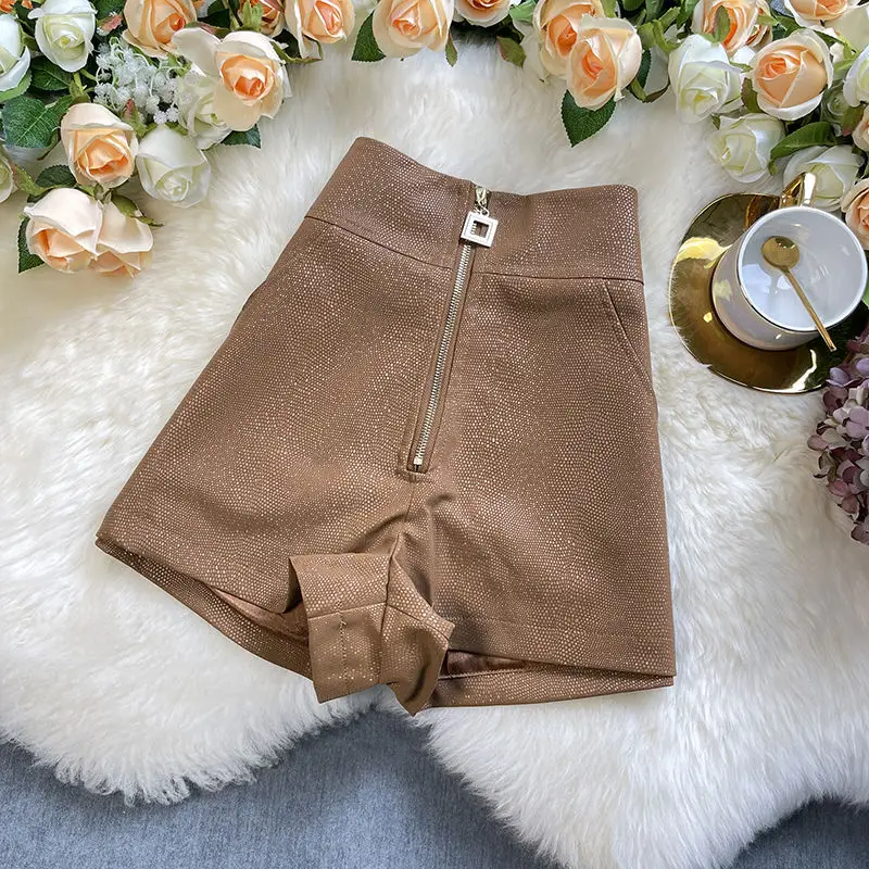 

Pu Shorts Women Elegant High Waisted Bottoms Korean 2021 Autumn Leather Wide Leg Short Feminimos