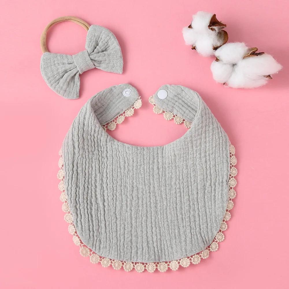 

2Pcs Pack Newborn Baby Bibs Headband Set Solid Color Cotton Gauze With Lace Burp Cloths Headdress Kids Accessories Combination