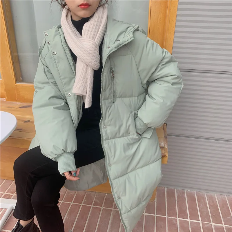 

동대문 2022 New Winter Jacket Women Loose Casual Fashion Elegant Solid Thick Quilted Long Hooded Coat Female Outwear Warm Parkas