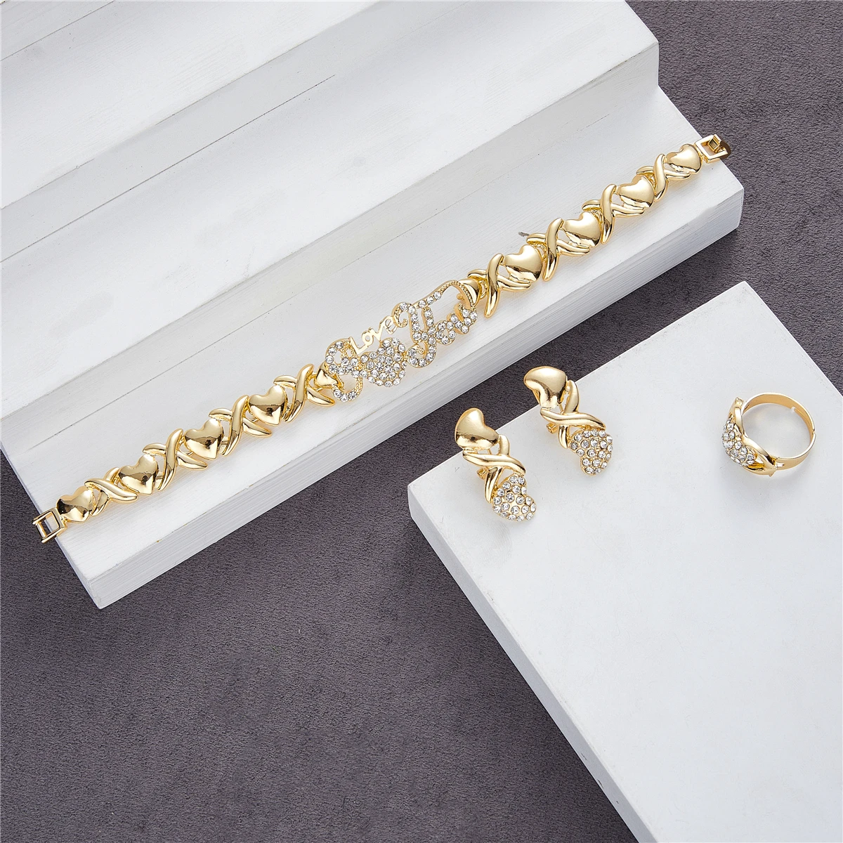 

Romantic Wedding Jewelry Set Bride Jewelry Accessories Gold Plated Necklace Earrings Adjustable Ring Bracelet Set Holiday Gifts