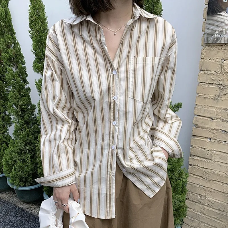 

Women Long Sleeve Casual Shirts New Arrival 2021 Autumn Korean Style Vintage Striped All-match Loose Ladies Elegant Tops W583