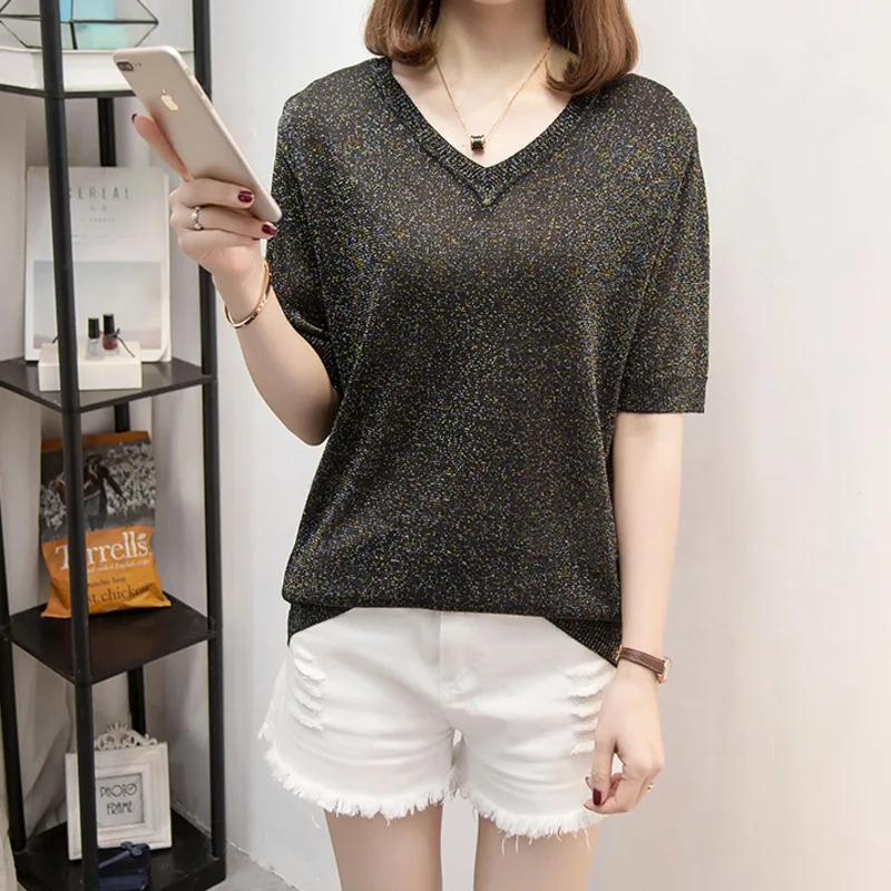 

Nkandby Plus Size Lurex Bright Silk Knitted Tshirt Women 2021 Summer Loose V-neck Multicolor Short Sleeve Korean Modern T-shirts